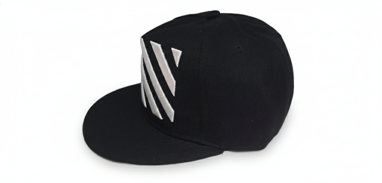 Black Snapback Cap with White Diagonal Embroidered Design - Image 2