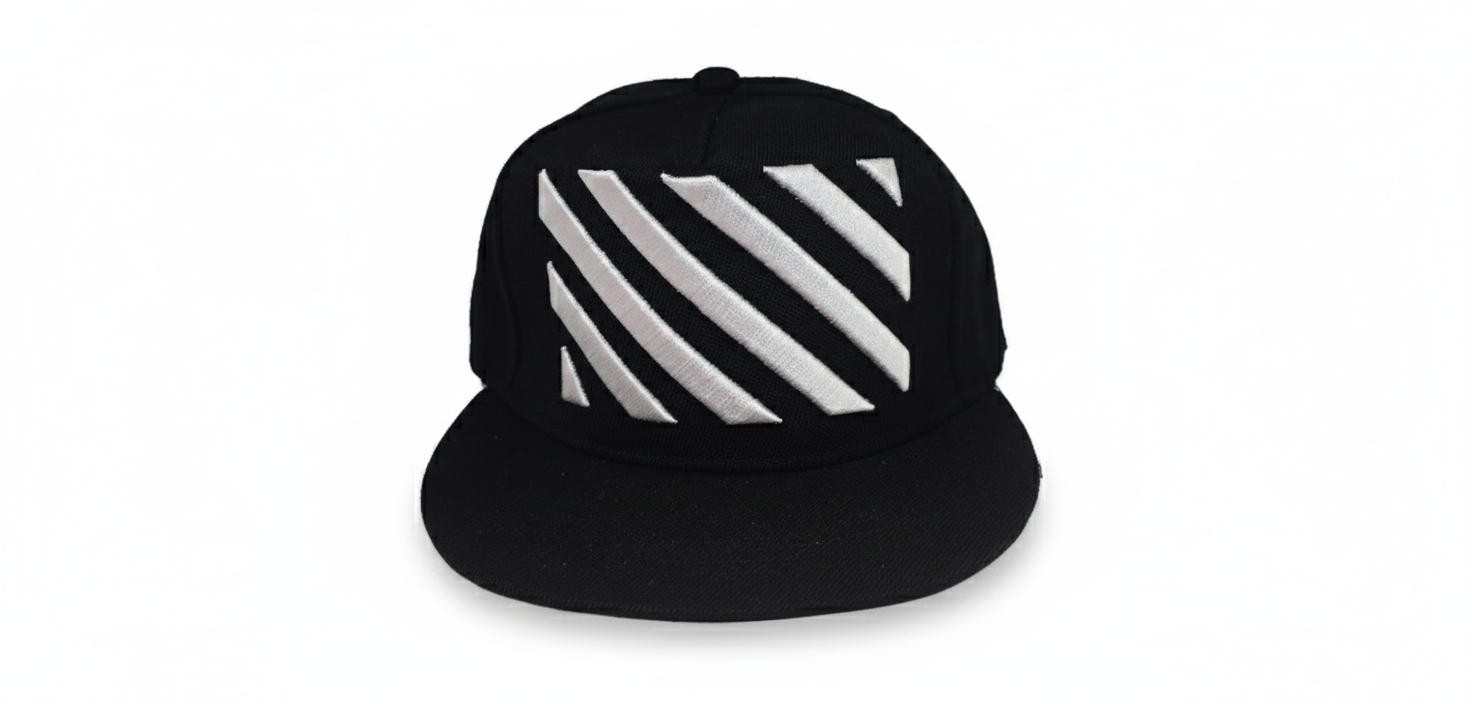 Black Snapback Cap with White Diagonal Embroidered Design