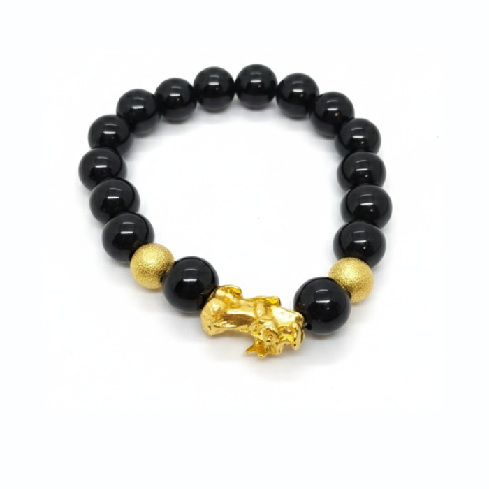 Black Bead Bracelet with Gold Pixiu Charm