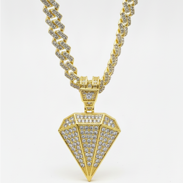 Gold Iced Diamond-Shaped Pendant Cuban Chain Necklace