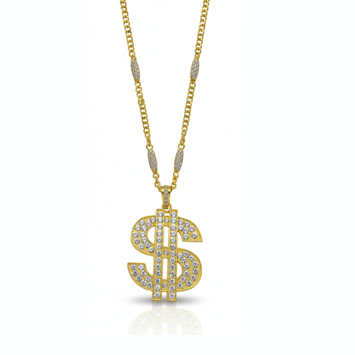 Gold Iced Dollar Sign Pendant Chain Necklace