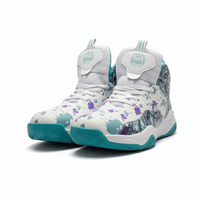 White Aqua & Purple Splash High-Top Basketball Sneaker