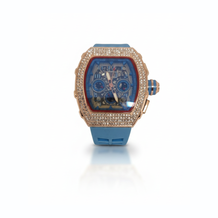 Luxury Blue Strap Skeleton Dial Watch with Diamond-Style Bezel