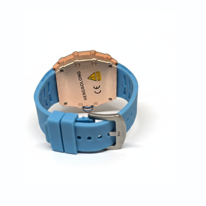 Luxury Blue Strap Skeleton Dial Watch with Diamond-Style Bezel - Image 2